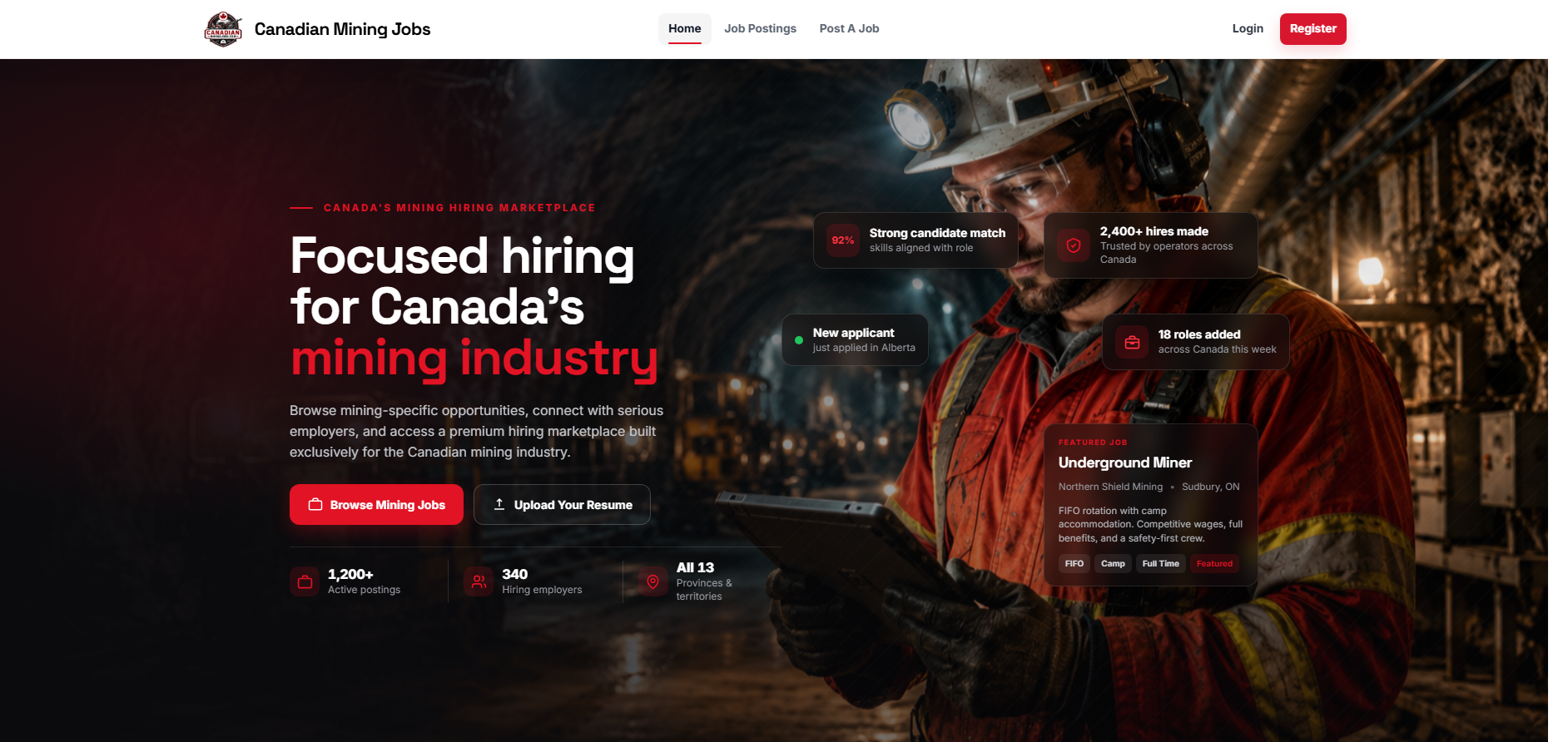 Canadian Mining Jobs homepage showing the mining recruitment platform