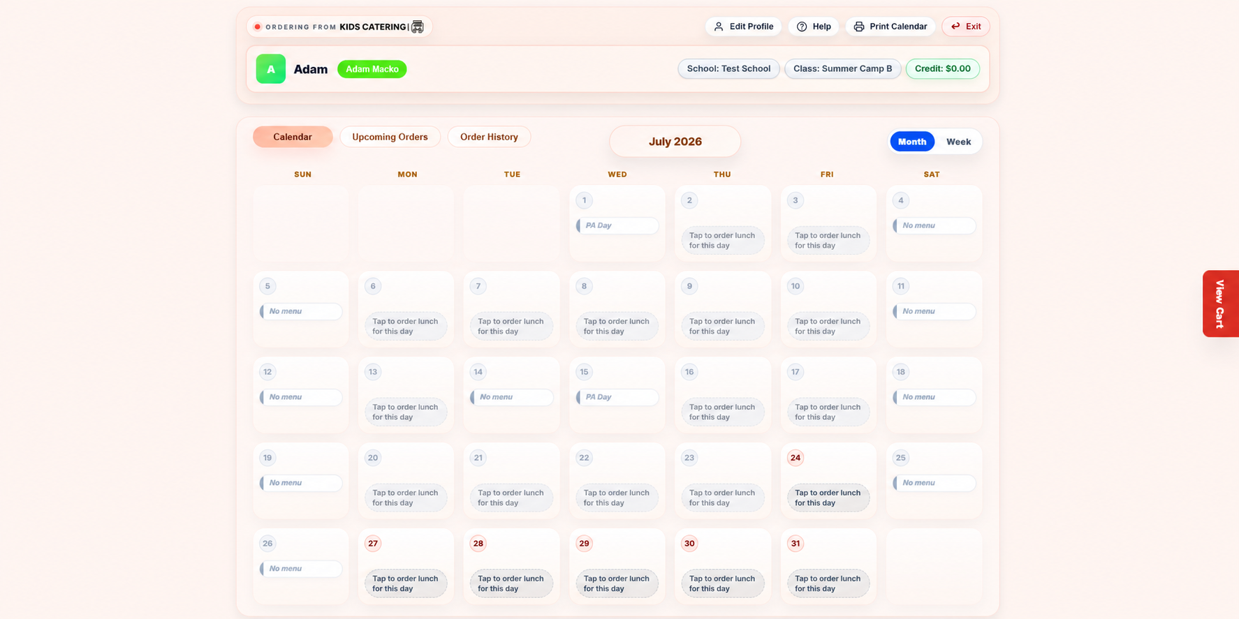 LunchMate parent dashboard showing a school lunch ordering calendar