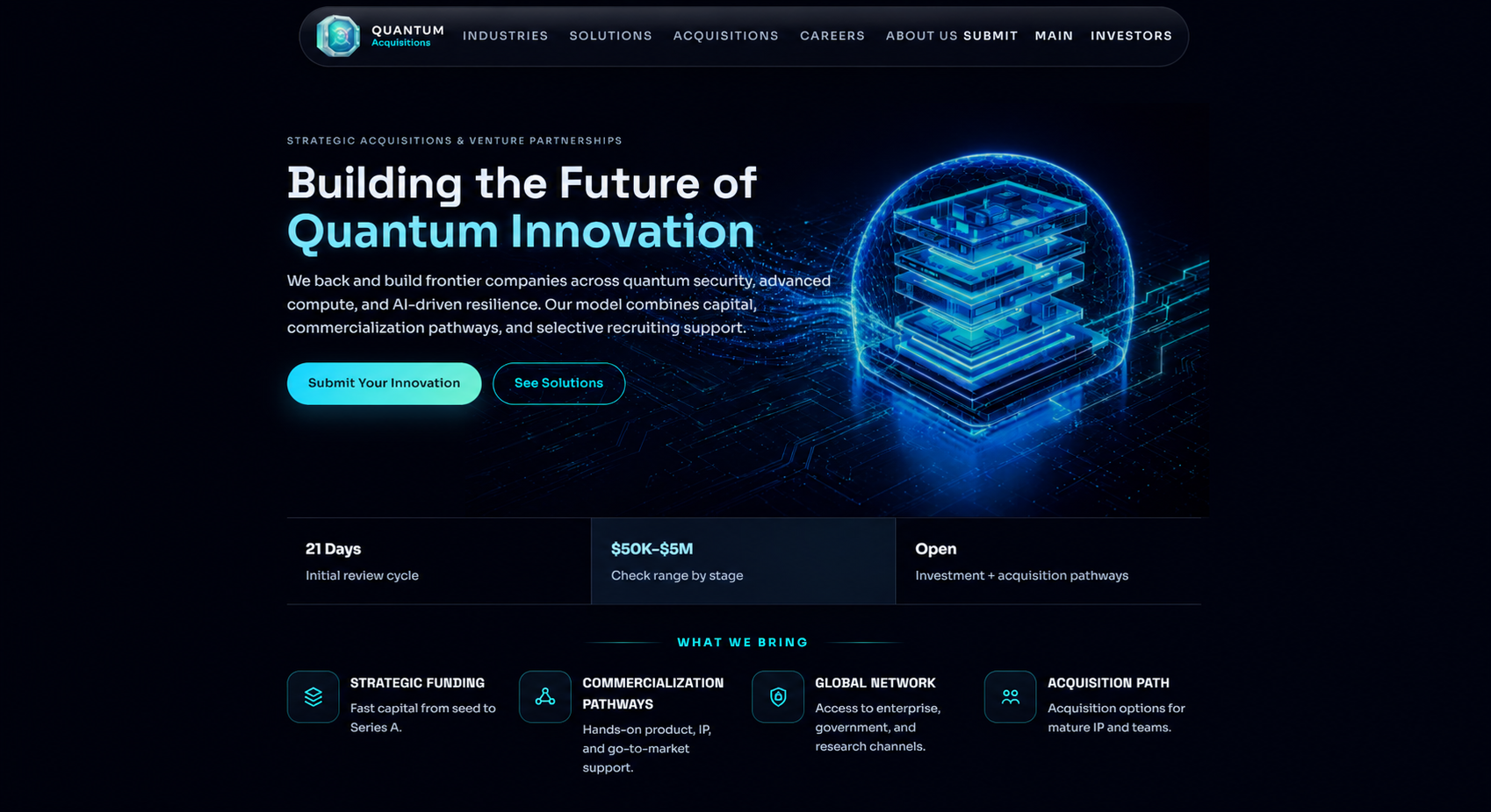 Quantum Acquisitions website homepage with a futuristic blue quantum innovation hero